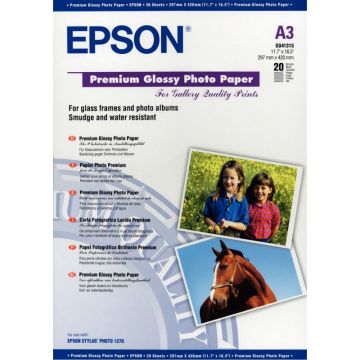 Paquet de 20 feuilles de papier photo premium glacé marque Epson format A3 (29,7 x 42 cm) 255g
