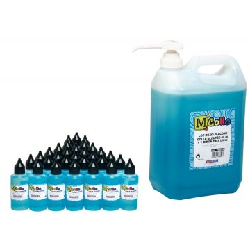 Lot de 30 flacons remplis de 60 ml de colle bleutée + 1 bidon de 5 litres + 1 pompe, à la marque M'COLLE