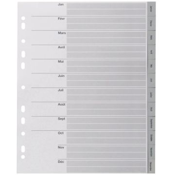 Jeu de 12 intercalaires mensuels en polypropylène gris 12/100ème, format A4+