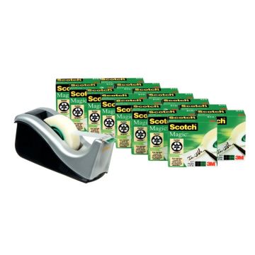 Lot de 16 rouleaux adhésifs invisible Scotch Magic 19 mm x 33 m avec 1 dévidoir argent C60 offert