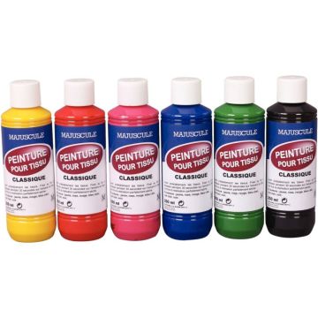 Lot de 6 flacons 250ml de peinture textile MAJUSCULE, couleurs classiques