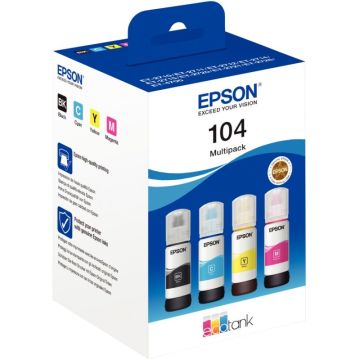 Epson 104 pack de de 4 flacons jet d'encre noire, cyan, magenta et jaune authentique (T00P640)
