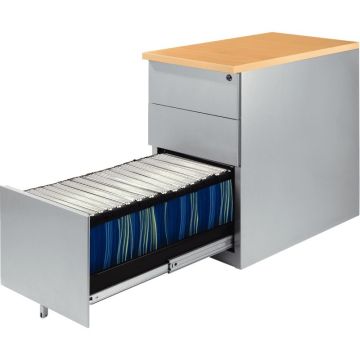 Caisson métal dessus mélamine 3 tiroirs hauteur bureau P60cm plateau hêtre/corps alu