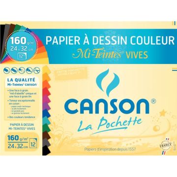 Pochettes de 12 feuilles mi-teintes 160g 24x32cm couleurs vives