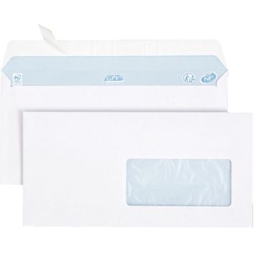 Boite de 500 enveloppes blanches 110x220mm 80g bande siliconée fenêtre 45x100mm