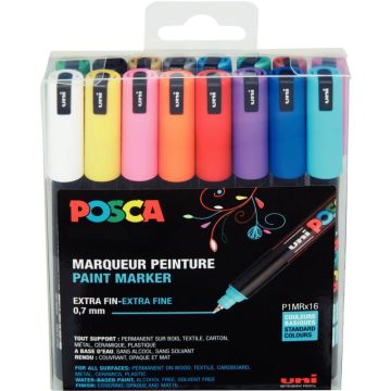 Pochette de 16 marqueurs Posca pointe extra fine assortis